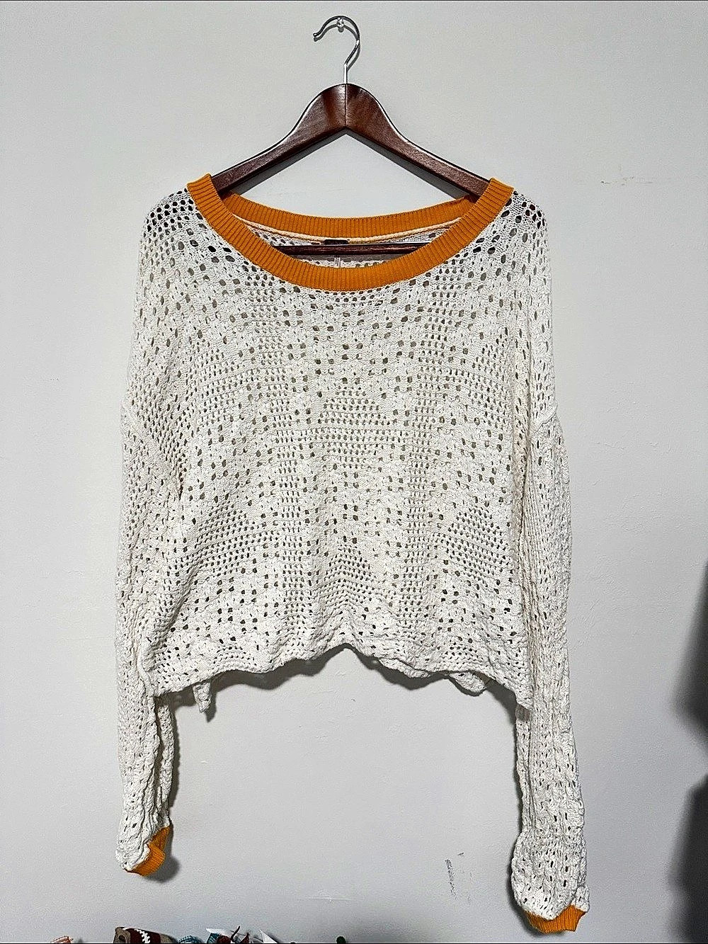 Free People Home Run Crochet Sweater White & Orange Small